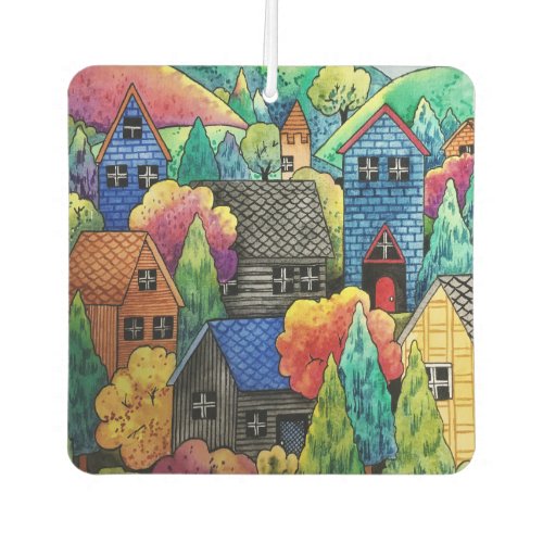 Watercolor Hillside Village With Colorful Houses Air Freshener