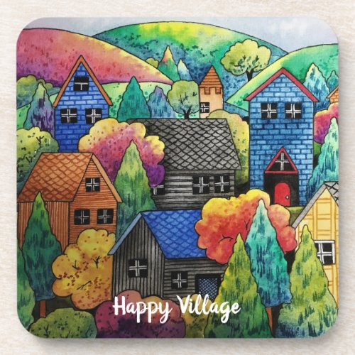Watercolor Hillside Village With Colorful Houses Beverage Coaster