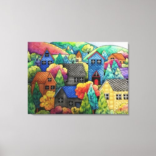 Watercolor Hillside Village With Colorful Houses Canvas Print