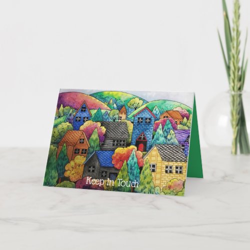 Watercolor Hillside Village With Colorful Houses Card