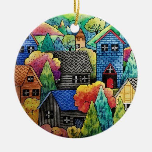 Watercolor Hillside Village With Colorful Houses Ceramic Ornament