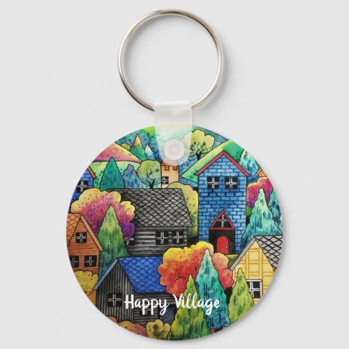 Watercolor Hillside Village With Colorful Houses Keychain