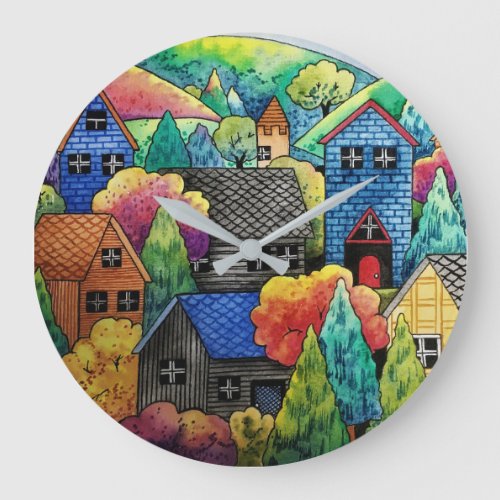 Watercolor Hillside Village With Colorful Houses Large Clock