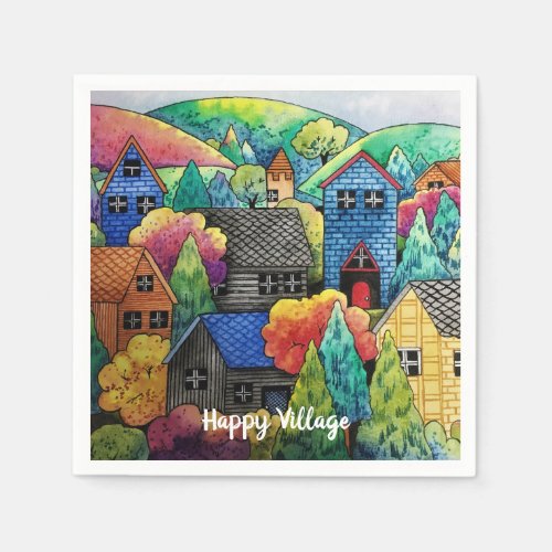 Watercolor Hillside Village With Colorful Houses Napkins