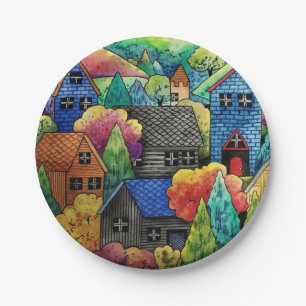 Watercolor Hillside Village With Colorful Houses Paper Plates