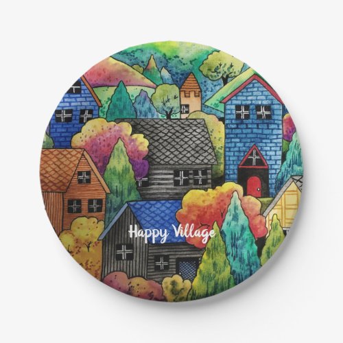 Watercolor Hillside Village With Colorful Houses Paper Plates
