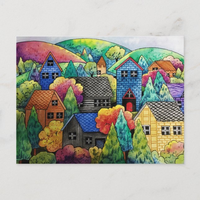 Watercolor Hillside Village With Colorful Houses Postcard (Front)