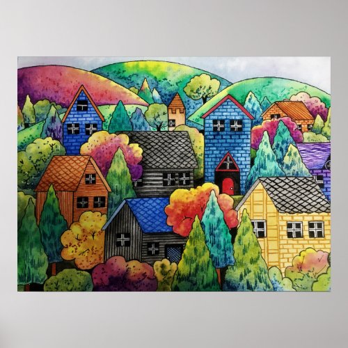 Watercolor Hillside Village With Colorful Houses Poster