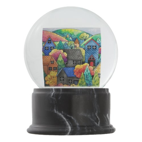 Watercolor Hillside Village With Colorful Houses Snow Globe