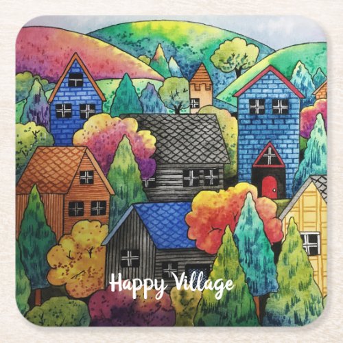 Watercolor Hillside Village With Colorful Houses Square Paper Coaster