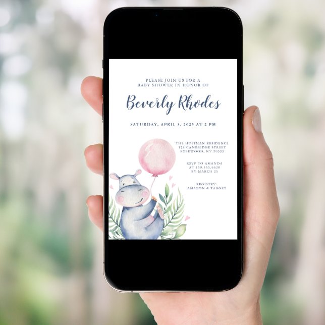 Watercolor Hippo Baby Shower Invitation (Front Digital)