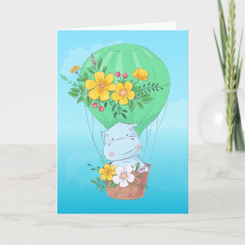 Watercolor Hippo in Hot Air Balloon Birthday Card