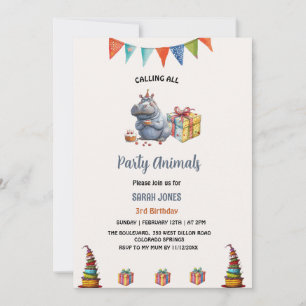 watercolor hippo party animals birthday  invitation