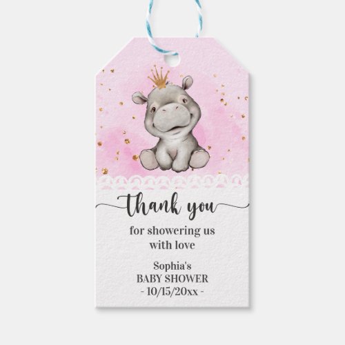 Watercolor Hippo Princess Baby Shower Gift Tag