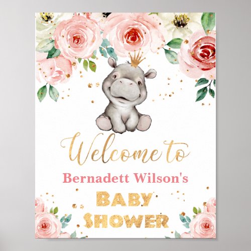 Watercolor Hippo Princess Baby Shower Welcome Poster