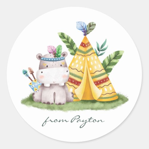 Watercolor Hippo Tribal Safari Birthday Classic Round Sticker