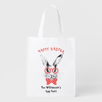 Watercolor Hipster Bunny Red Bow Easter Egg Hunt