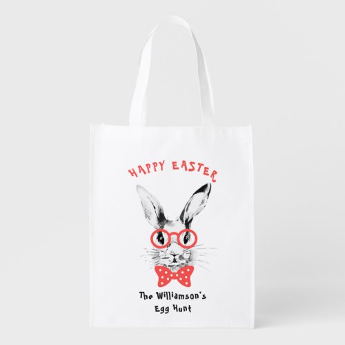 Watercolor Hipster Bunny Red Bow Easter Egg Hunt Grocery Bag