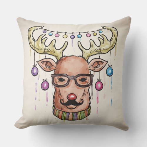 Watercolor Hipster Reindeer Christmas Throw Pillow