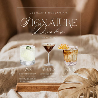 Watercolor His Hers Ours Cocktail Drinks Wedding Acrylic Sign