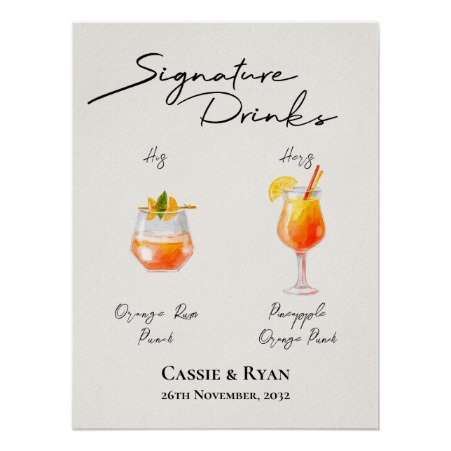 Watercolor His Hers Signature Drinks Wedding Sign (Front)
