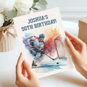 Watercolor Hockey Player Sports Fan Birthday Invitation