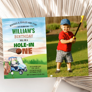 Watercolor Hole in One Golf 1st Birthday Photo Invitation