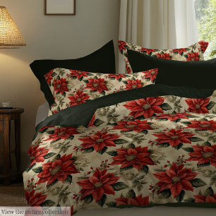 Watercolor Holiday Bedding Vintage Poinsettia Art Duvet Cover