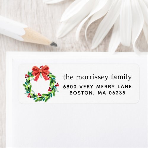 Watercolor Holiday Berry and Holly Wreath Return Label