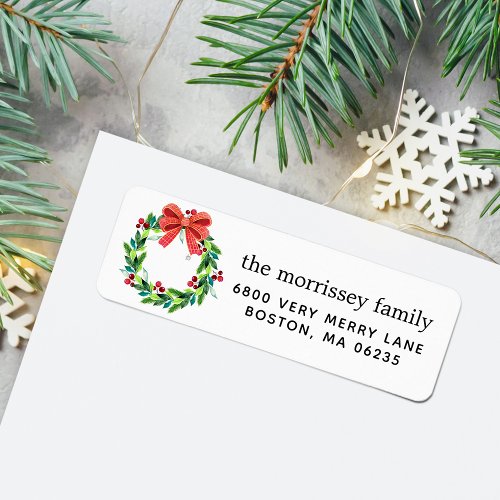 Watercolor Holiday Berry and Holly Wreath Return Label