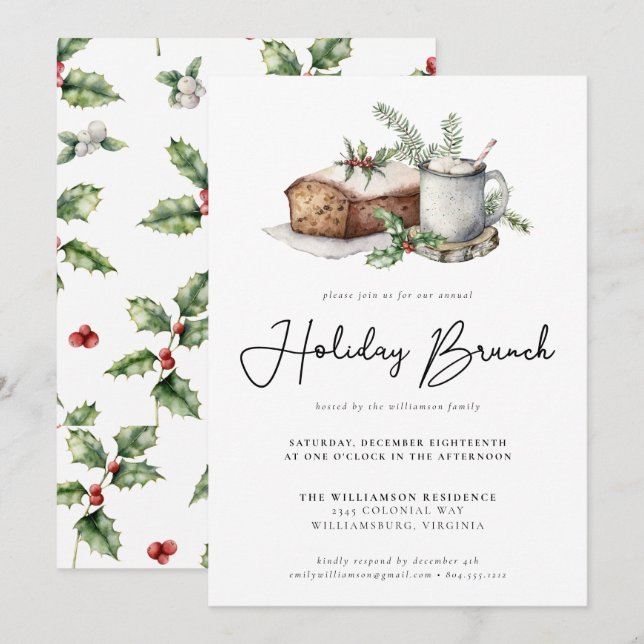 Watercolor Holiday Brunch Greenery Holiday Brunch Invitation (Front/Back)