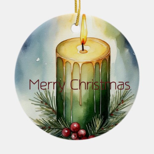 Watercolor Holiday Candle Festive Illustration  Ceramic Ornament