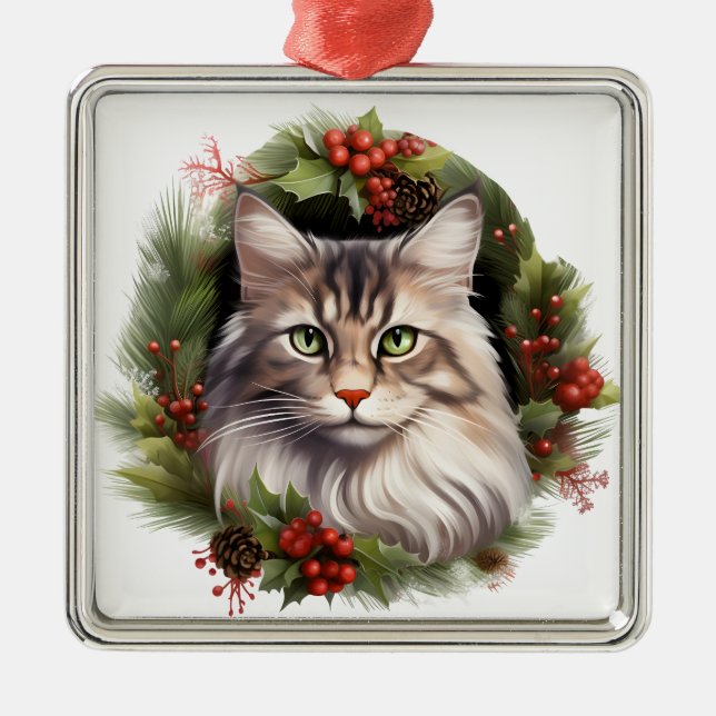WATERCOLOR HOLIDAY CHRISTMAS MAINE COON CAT METAL ORNAMENT (Front)