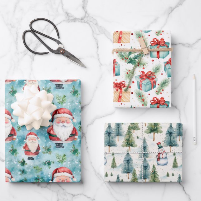 Watercolor Holiday Christmas Themed Wrapping Paper Sheets (Front)