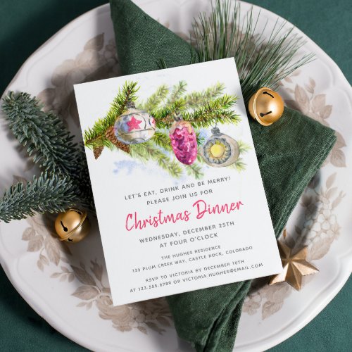 Watercolor Holiday Decorations  Christmas Dinner Invitation