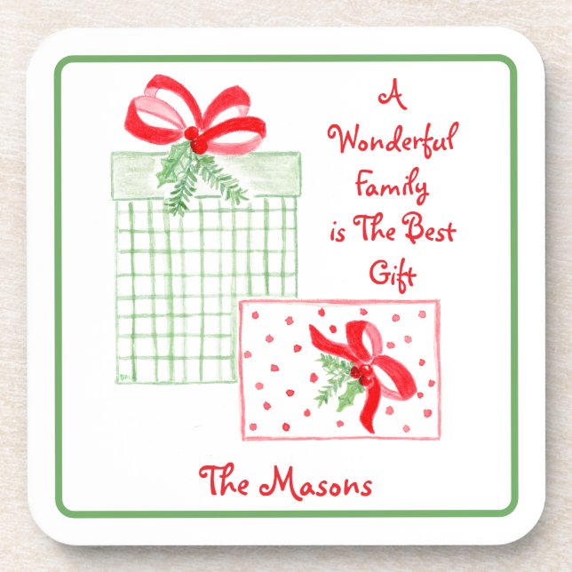Watercolor Holiday Family is Best Gift PERSONALIZE Beverage Coaster (Front)