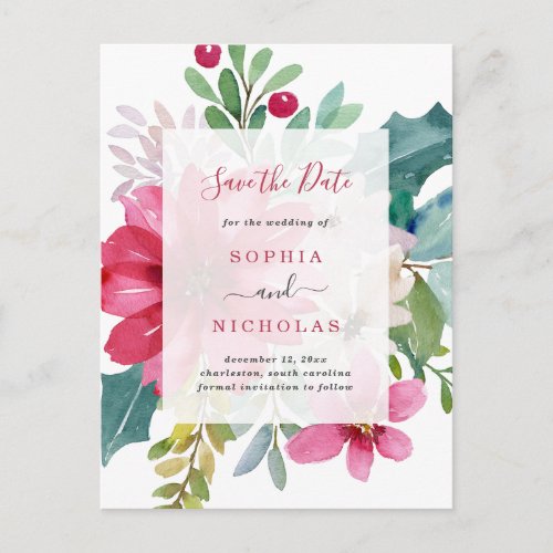 Watercolor Holiday Floral  Wedding Save the Date Postcard