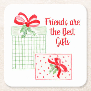 Watercolor Holiday Friends are the Best Gifts Square Paper Coaster