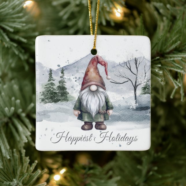 Watercolor Holiday Gnome Ceramic Ornament (Tree)