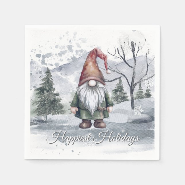 Watercolor Holiday Gnome Christmas Party Napkins (Front)