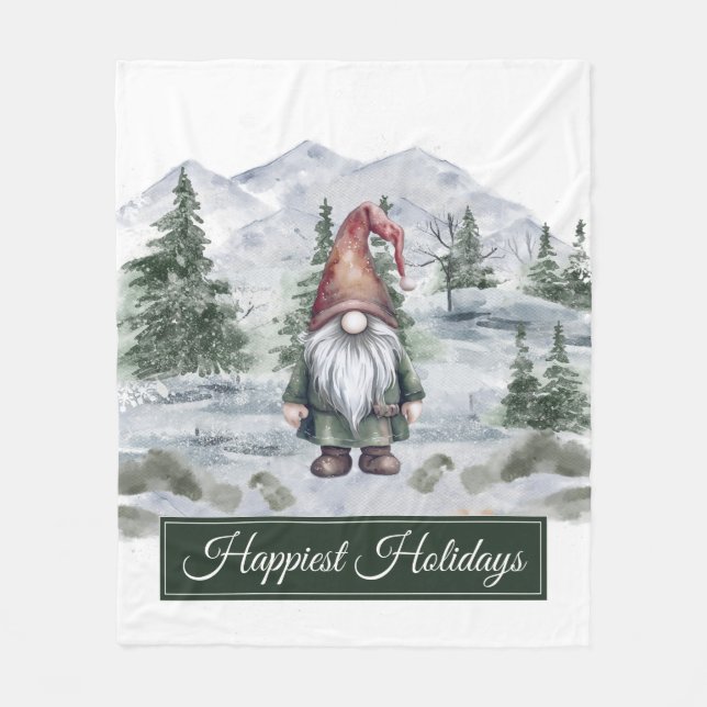 Watercolor Holiday Gnome Fleece Blanket (Front)