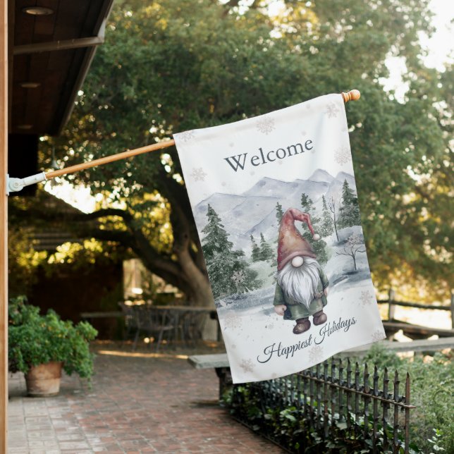 Watercolor Holiday Gnome House Flag (In SItu)