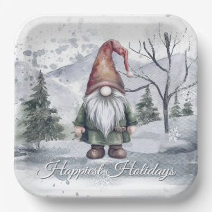Watercolor Holiday Gnome Paper Plates
