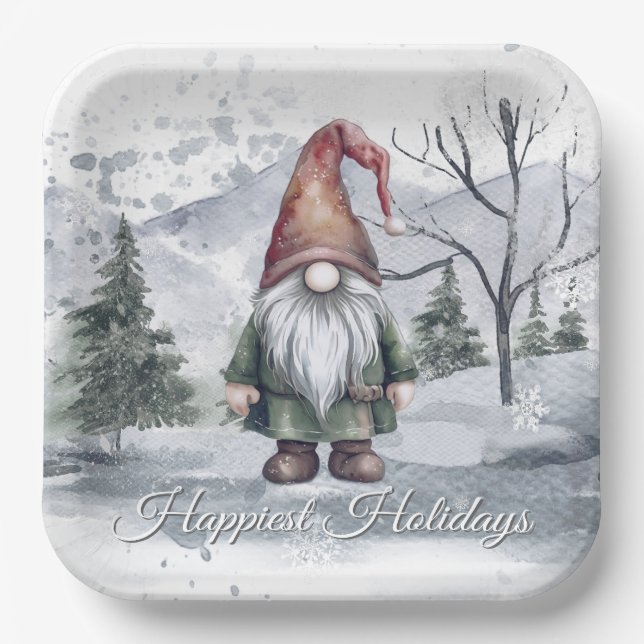 Watercolor Holiday Gnome Paper Plates (Front)