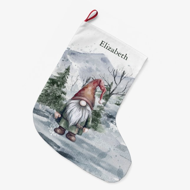 Watercolor Holiday Gnome Personalized Large Christmas Stocking (Front (Hanging))
