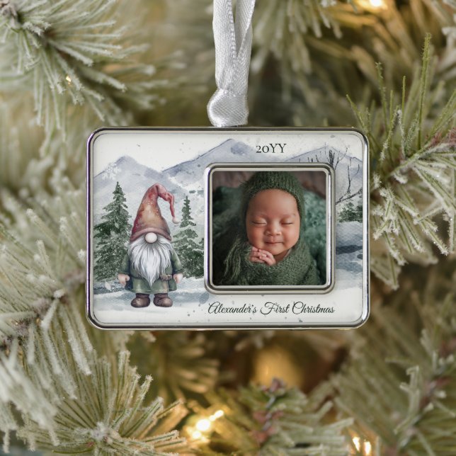 Watercolor Holiday Gnome Photo Babys First Christmas Ornament (Tree)