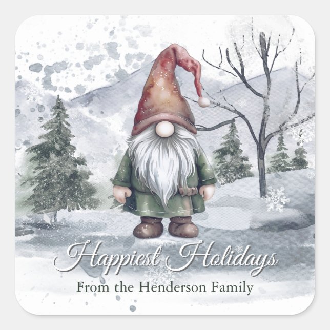 Watercolor Holiday Gnome Square Sticker (Front)