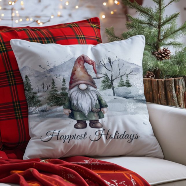 Watercolor Holiday Gnome Throw Pillow (Watercolor Holiday Gnome Throw Pillow)
