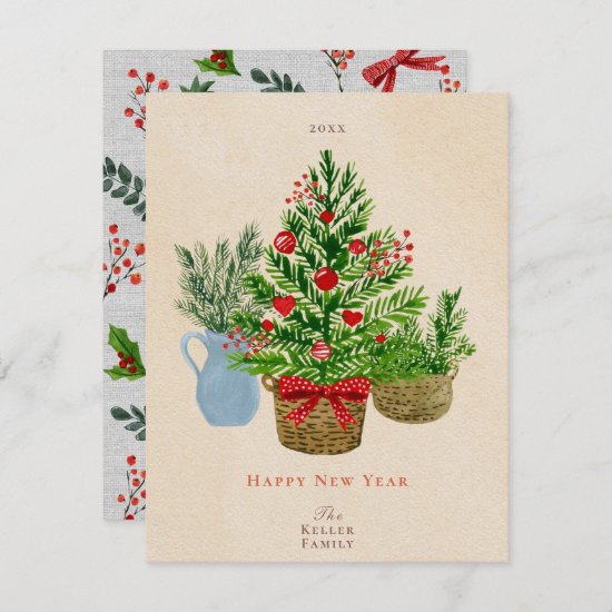 Watercolor Holiday House Plant Flat Christmas Card