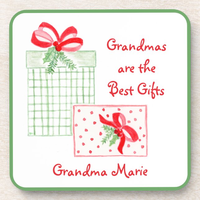 Watercolor Holiday PERSONALIZE Grandma Beverage Coaster (Front)